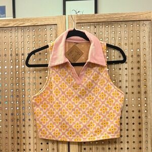 Retro Floral Print Sleeveless Crop Top Pink‎ Yellow Collared Blouse